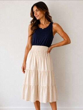 DKNY Sleeveless Midi Dress Navy Beige Smocked Waist Tiered Size 16 NWT
